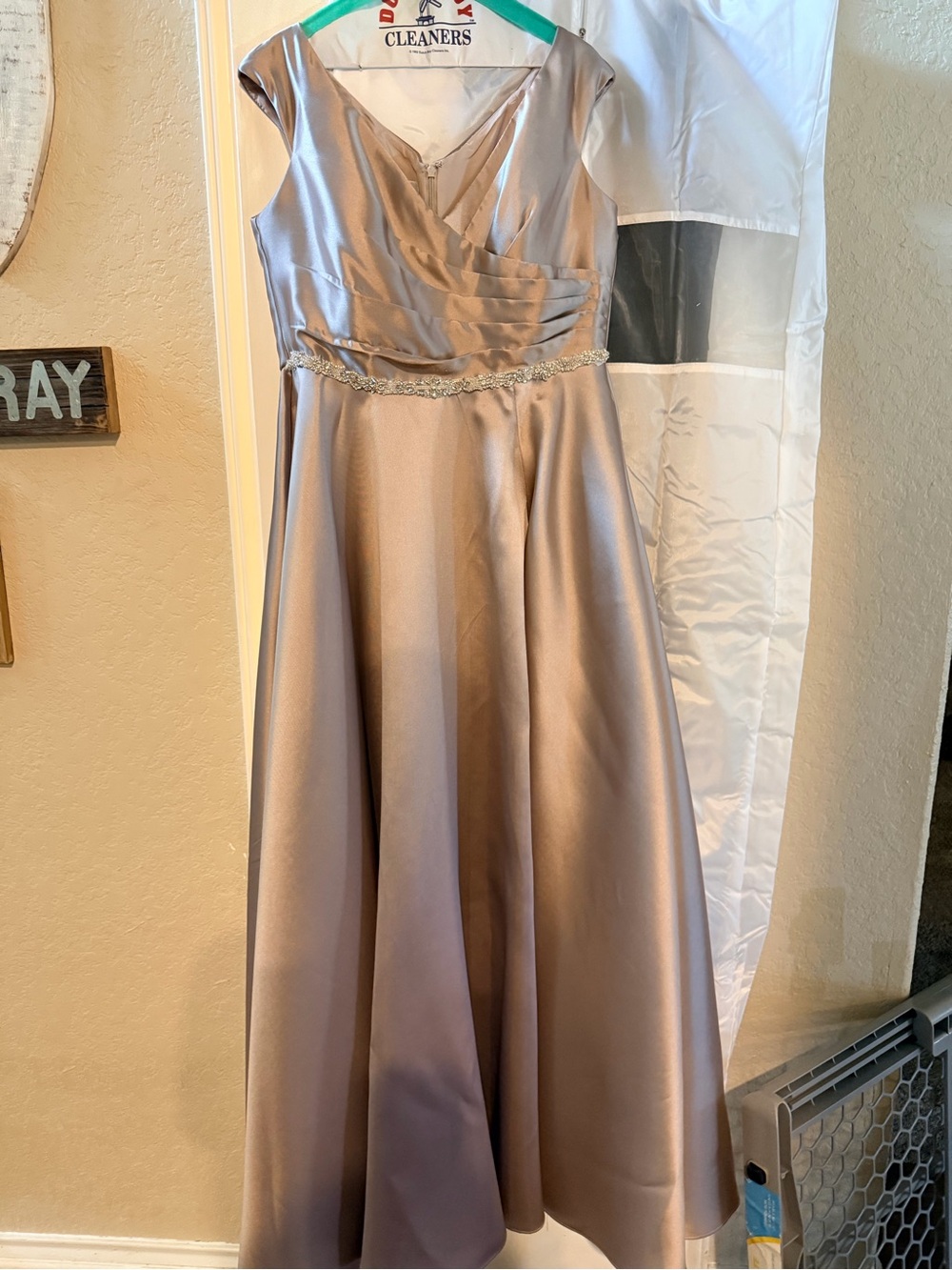 Oleg Cassini Champagne Satin V-Neck A-Line Gown with Beaded Waist